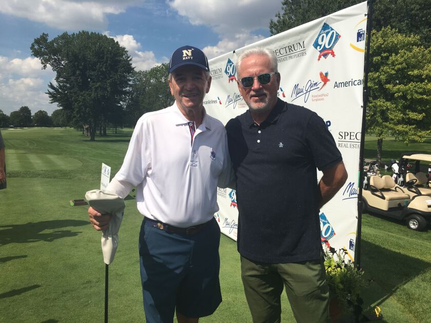 Joe Maddon poses with comedian Tom Dreesen at his second annual “Try Not to Suck” celebrity golf tournament. | Madeline Kenney/Sun-Times