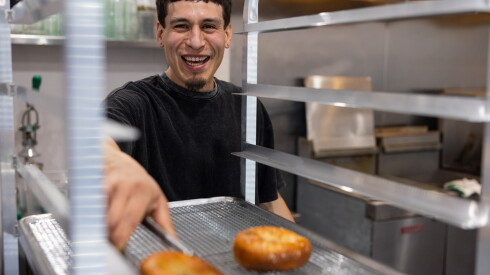 Chef and owner Felix Zepeda cools fresh bagels at Rosca Bagels in Pilsen on the Southwest Side, Monday, June 1, 2026