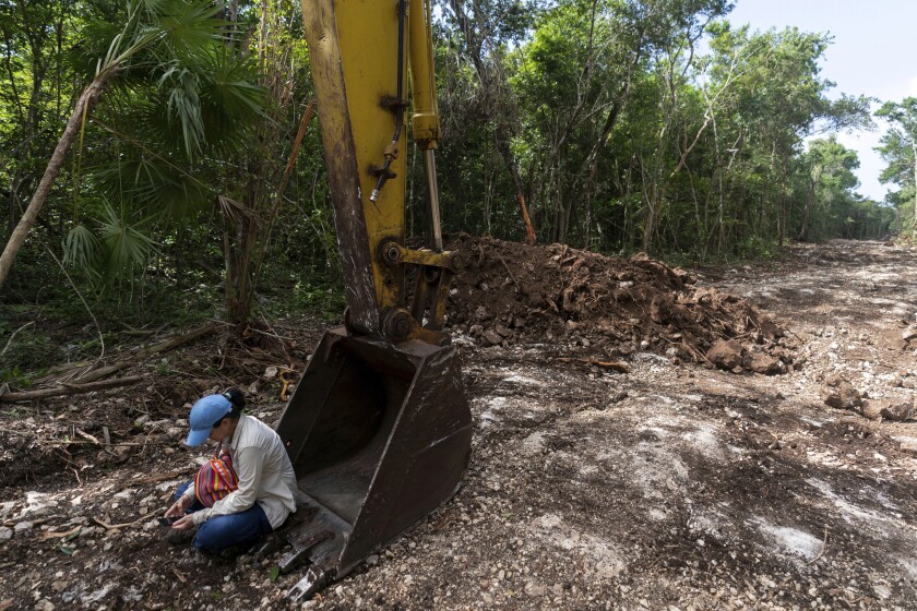 An environmental activist sits on a bulldozer after her group spoke with its operator, who turned off the machine and left the site, temporarily stopping the clearing of forest that will make way for the Maya Train.