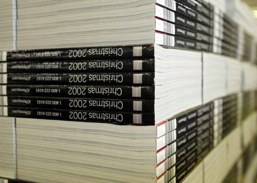 <small><strong> Pallets loaded with the J.C. Penney Co. Christmas catalog in 2002.</strong> | AP file photo</small>