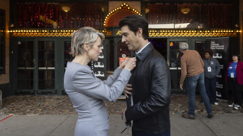 Actress Carrie Coon is pictured with director Guy Nattiv in front of Music Box Theatre.
