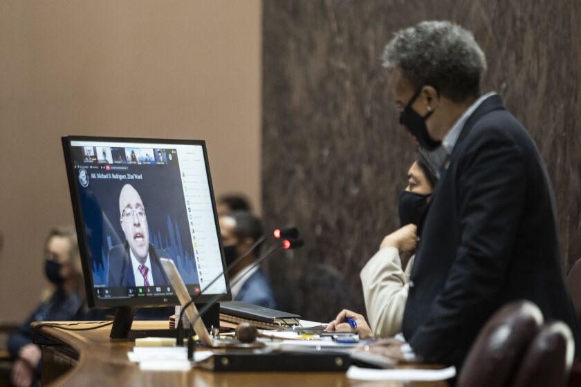 Ald. Mike Rodriguez (22nd) speaks virtually during the Chicago City Council meeting Wednesday at City Hall.