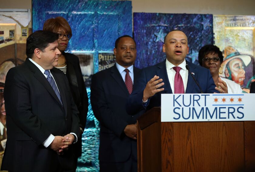 Chicago treasurer Kurt Summers announces he will not enter the gubernatorial race but instead support his friend of 10 years, J.B. Pritzker. | Kevin Tanaka/For the Sun-Times