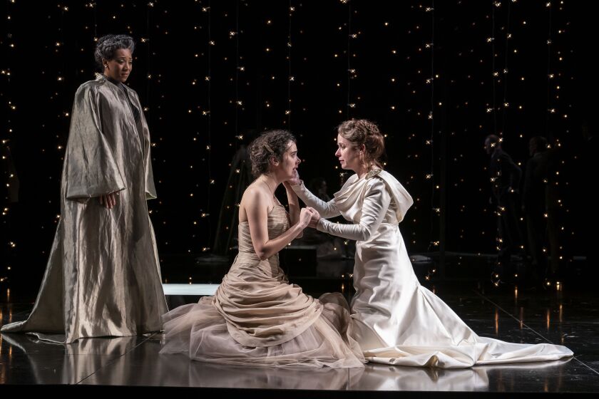 Christiana Clark (as Paulina, from left), Chloe Baldwin (as Perdita) and Kate Fry (as Hermione) in “The Winter’s Tale” at the Goodman Theatre. | Liz Lauren