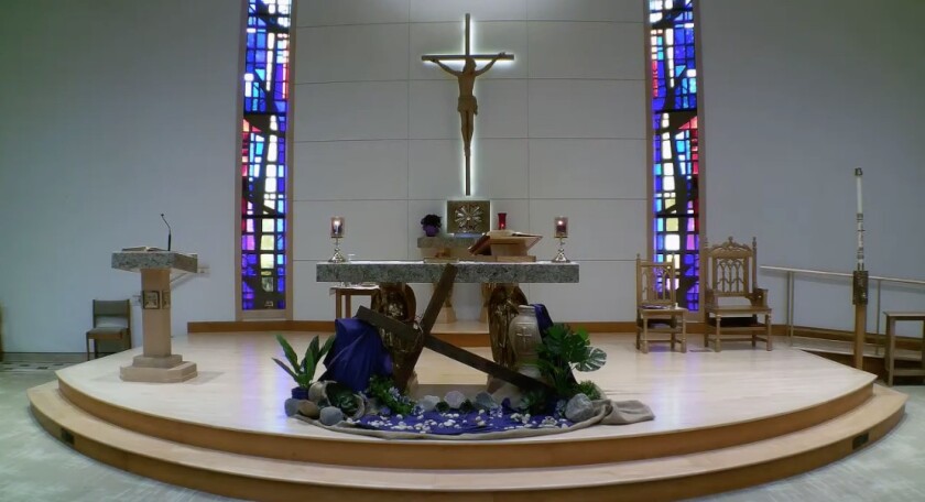 The altar at St. Peter Damian Church in Bartlett. According to an ongoing lawsuit, James Ray was assigned there as a priest and is accused in the civil court case of repeatedly molesting a boy in the 1980s.
