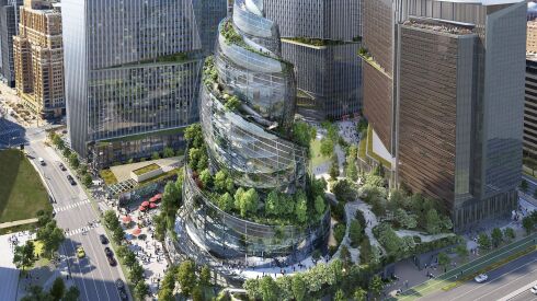 This artist rendering provided by Amazon shows the next phase of the company’s headquarters redevelopment to be built in Arlington, Va.