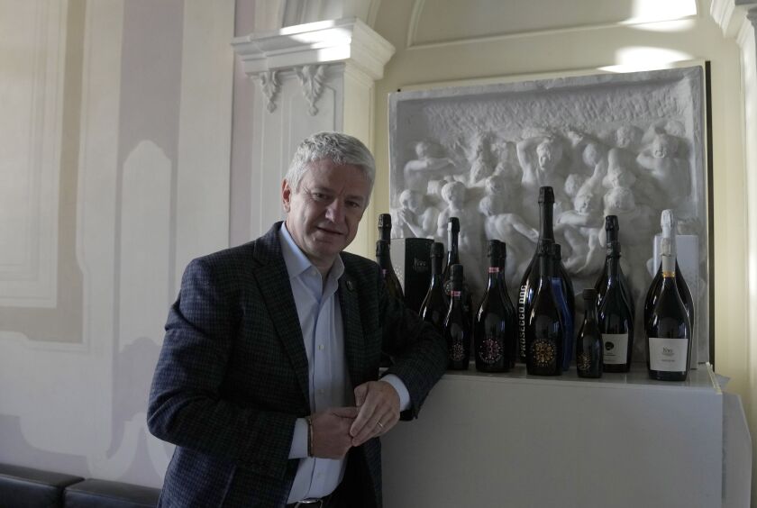 Consorzio DOC Prosecco General Manager Luca Giavi poses for a portrait before an interview with the Associated Press, in Treviso, Italy, on Oct. 15, 2021. 