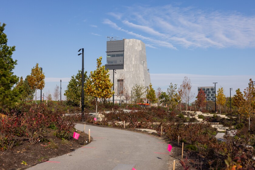 The museum building and the surrounding gardens at the Obama Presidential Center are under construction.