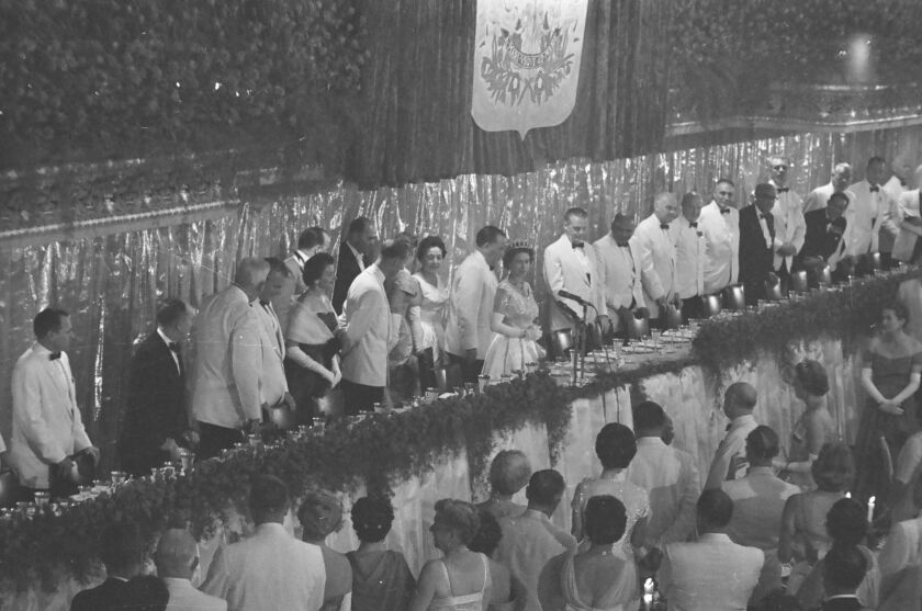 Queen Elizabeth and Prince Phillip attend a banquet hosted by Mayor Richard Daley at the Conrad Hilton Hotel. The welcome banquet was attended by 1,200 people. 