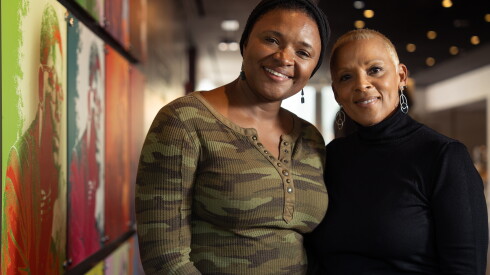 Chef Lizz Wright (left) and Monica Haslip, who created and designed The Hunt at Logan, smile in the restaurant at the Reva and David Logan Center for the Arts in Hyde Park, Saturday, Oct. 17, 2026.