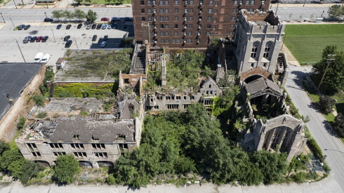 Aerial view of City Methodist Church at 577 Washington St. in Gary, Indiana.