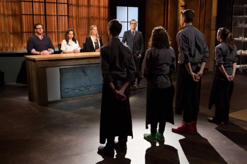 The panel of judges and host Ted Allen (center, at door) meet contestants on the “Chopped Teen Tournament.” | Food Network