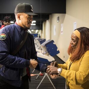 Chance The Rapper gets his “I Voted” wristband after voting in the Chicago municipal election at the Loop Super Site, 175 W. Washington St., Tuesday afternoon, Feb. 26, 2019. | Ashlee Rezin/Sun-Times