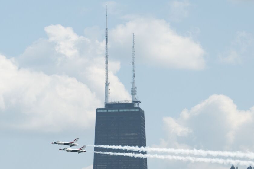 U.S. Air Force F-16 Fight Falcons with the Thunderbirds air demonstration squadron practice Thursday their routine for the 2023 Chicago Air & Water Show.