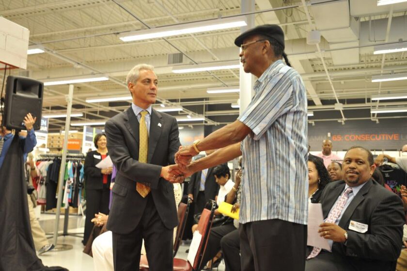 Mayor Rahm Emanuel meets Radio Hall of Fame member Herb Kent during a press conference at the Nike Factory Store, 8510 S. Cottage Grove on Aug. 23, 2011 | Sun-Times files