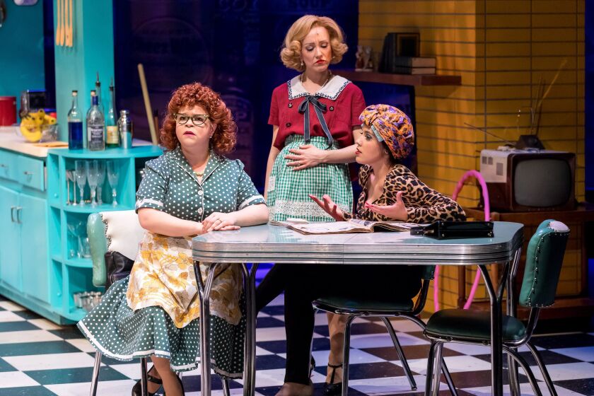 Dottie (Maissa Rosen, from left), Connie (Libby Servais) and Agnes (Linedy Genao) discuss their lives and the state of the world in “A Taste of Things to Come.” | brett beiner photography