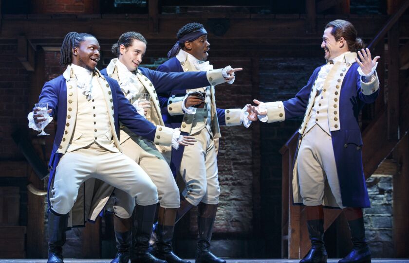 Chris De’Sean Lee (from left), Jose Ramos, Wallace Smith and Miguel Cervantes in the original cast of the Chicago production of “Hamilton.”