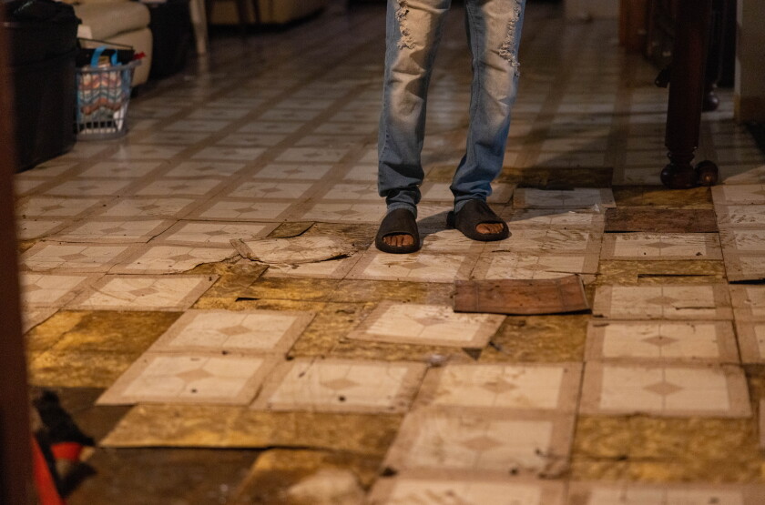 Water damaged floors in Andre Moseley’s Austin basement on the West Side, Monday, June 8, 2026. Moseley is still waiting for financial help from the city after two floods in 2023.