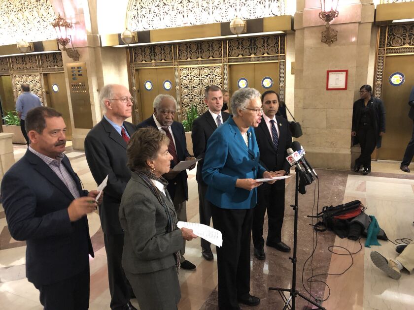 Cook County Board President Toni Preckwinkle speaks at a news conference Tuesday in the Cook County Building to boost 6th District candidate Sean Casten. Attending were: U.S. Rep. Jan Schakowsky; 4th Congressional District nominee Jesus “Chuy”Garcia; U.S.