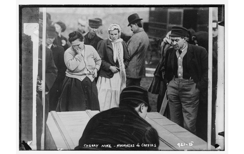 This 1909 photo shows mourners and coffins in the wake of the Cherry Mine Disaster.