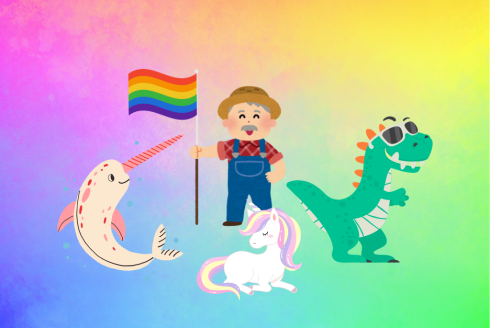 Graphic of Old MacDonald with his farm animals a unicorn, dinosaur, and narwal.
