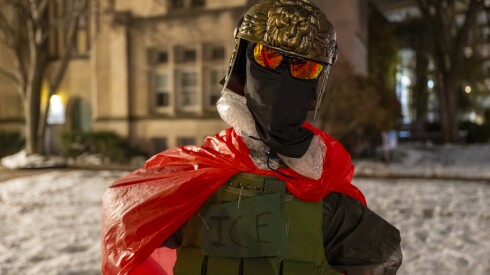A reimagined nativity scene depicting baby Jesus with zip ties around his hands, Mary Magdalene wearing a respirator, and Roman Soldiers wearing federal immigration law enforcement garb sits in the front lawn of Lake Street Church in suburban Evanston, Wednesday, Dec. 10, 2025. | Tyler Pasciak LaRiviere/Sun-Times