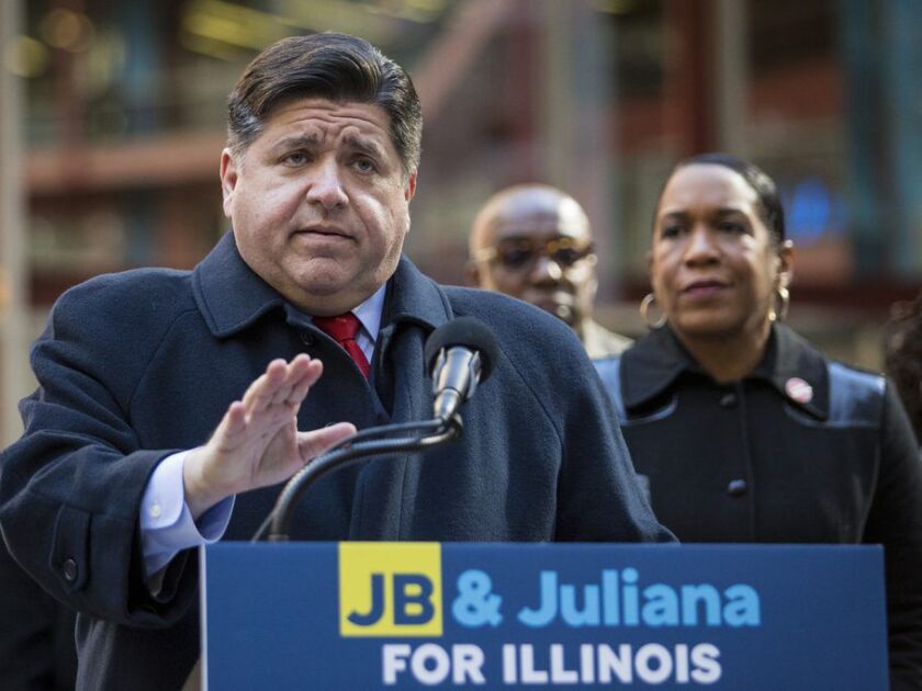 Gubernatorial candidate J.B. Pritzker and running mate Juliana Stratton speak during a press conference outside the Thompson Center, Thursday morning, Oct. 18, 2018. | Ashlee Rezin/Sun-Times