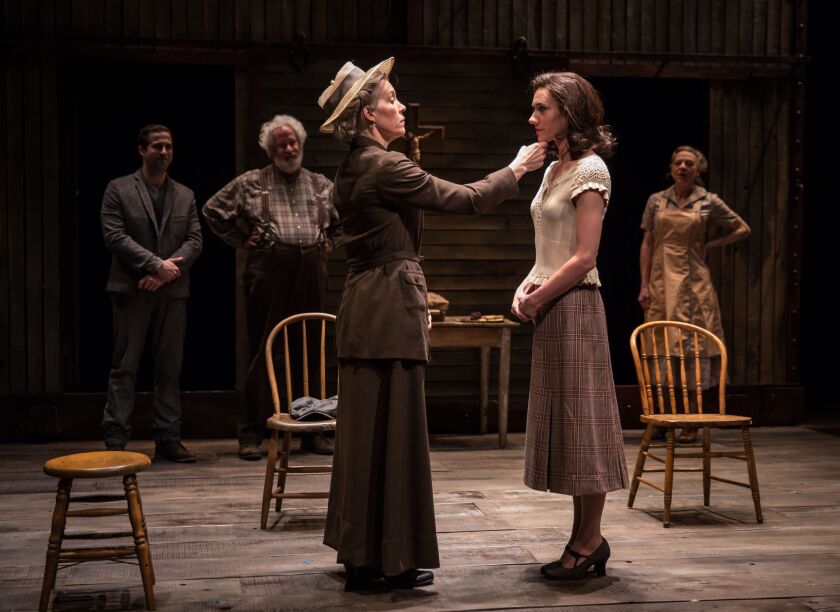 Christine Mary Dunford (left) and Helen Sadler, with (in background) Chance Bone, Troy West and Eva Barr in the Lookingglass Theatre production of “Blood Wedding.” (Photo: Liz Lauren)