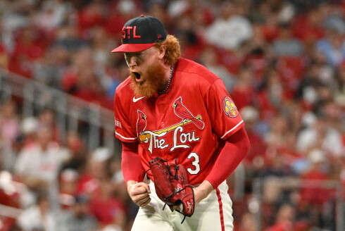 St. Louis Cardinals pitcher Dustin May reacts after an out against the Cincinnati Reds' JJ Bleday during the fifth inning of a game on Friday, July 24, 2026, in St. Louis.