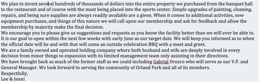 A May 24 Facebook post about the Orland Park complex.