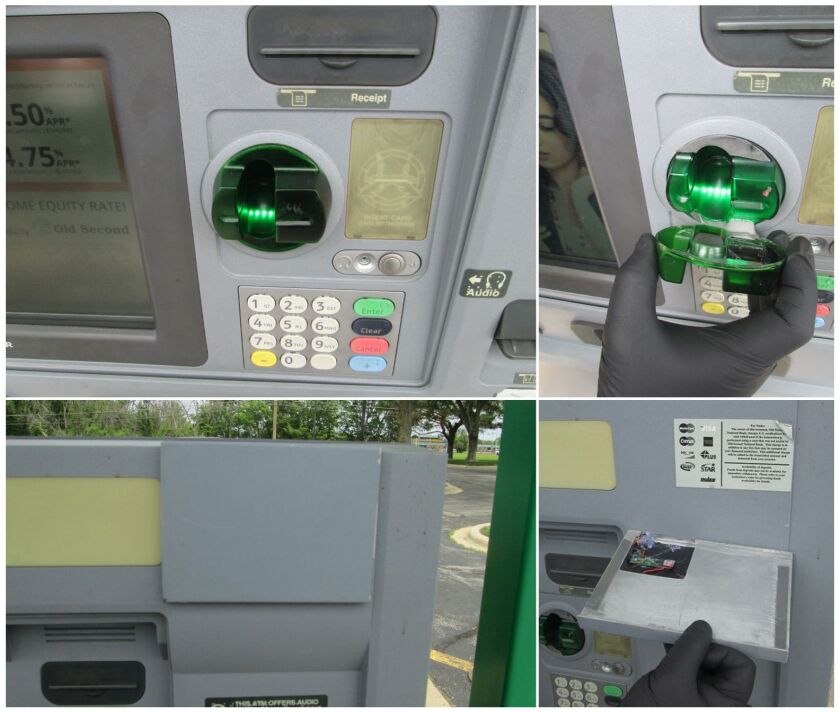 Skimming devices and pinholes cameras were found on two bank ATMs Sunday morning in Aurora. | Aurora police