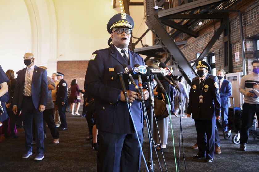 Chicago Police Supt. David Brown said he expects the vaccination rates among Chicago police officers to rise in the coming days. Chicago Police Supt. David Brown speaks with the media after a graduation ceremony, Wednesday, Oct. 20, 2021 at Navy Pier. | Anthony Vazquez/Sun-Times