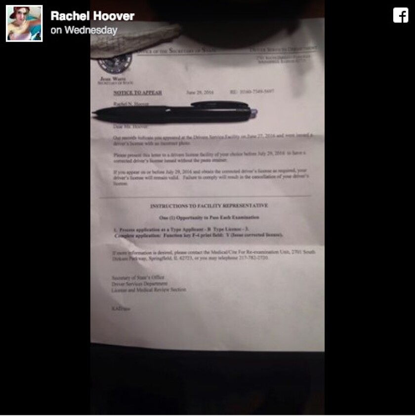 The Secretary of State’s office sent Pastafarian Rachel Hoover a letter stating that she must retake her state ID photo without wearing a pasta strainer. | Facebook/Rachel Hoover