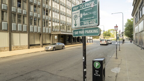 A ParkChicago parking meter sign in the South Loop, Monday, Aug. 12, 2024.