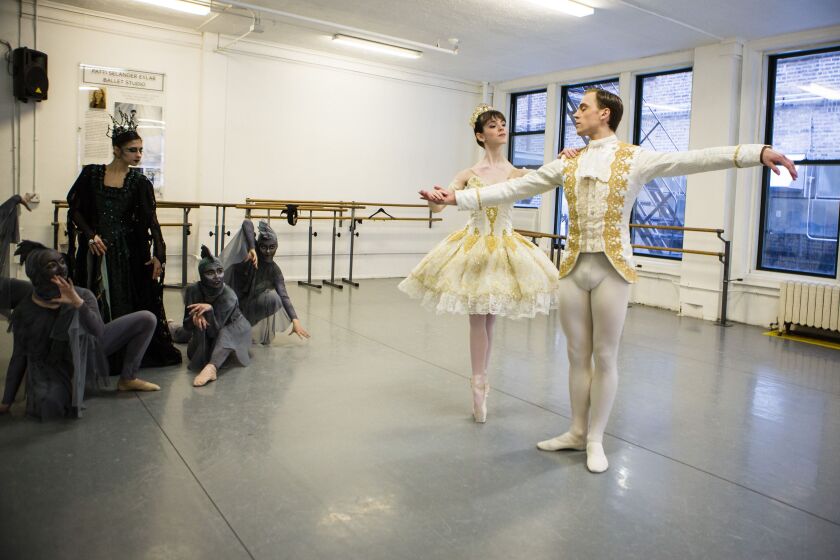 Michael Sayre and Grace Curry and members of the company rehearse a passage from the A&A Ballet Company’s production of “Sleeping Beauty,” Tuesday, April 16, 2019. | James Foster/For the Sun-Times