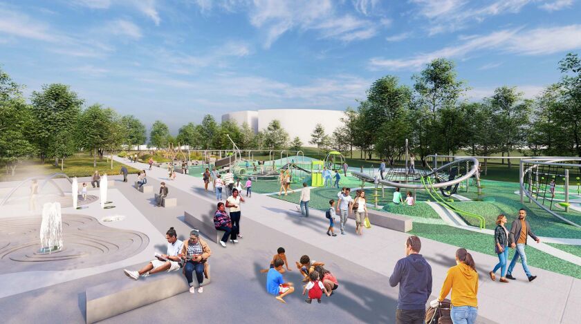 A play area planned for a 17-acre site at 48th Street and Western Avenue that also will be home to the new headquarters for the Chicago Park District.