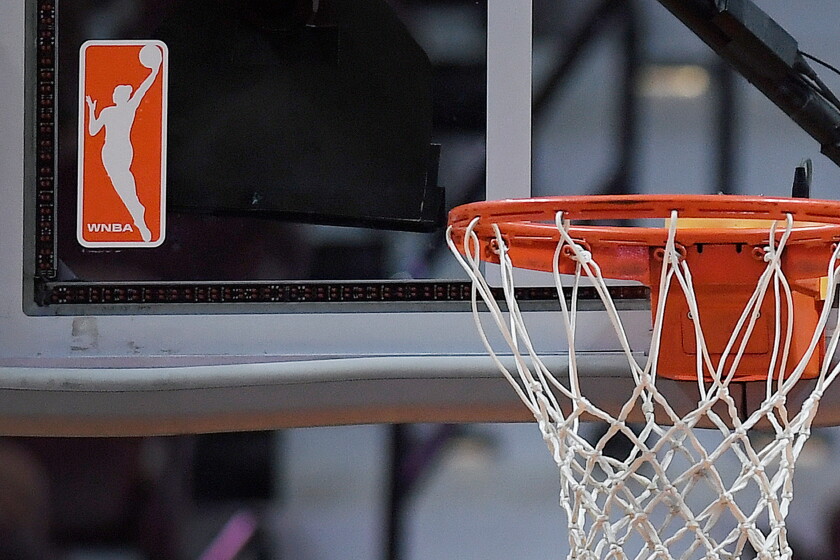 The WNBA logo is seen near a hoop before a game at Mohegan Sun Arena on May 14, 2019, in Uncasville, Connecticut.
