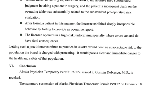 Part of the findings of an administrative law judge in Alaska on Dr. Cosmin Dobrescu.