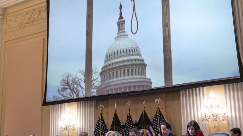 At the first hearing of the committee investigating the Jan. 6, 2021 attack on the U.S. Capitol, this picture was displayed. It showed a mock gallows built on the Capitol grounds the day of the attack.