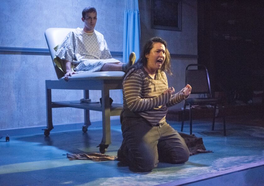 Chase Heinemann plays Gordon and Veronica Garza is the The Homeless Lady in Theo Ubique Cabaret Theatre’s production of “A New Brain.”| Dean La Prairie