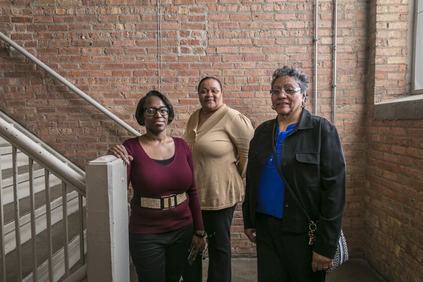 SEIU janitorial workers, from left, Judith Jenkins, Maxine Gladney and Maria Villegas say they only get sufficient supplies to clean their schools when an inspection is coming. | Rich Hein/Sun-Times