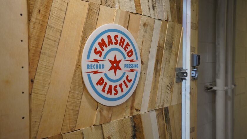 The logo of Smashed Plastic Record Pressing at its manufacturing facility in Chicago’s Hermosa neighborhood. | Nader Issa/Sun-Times