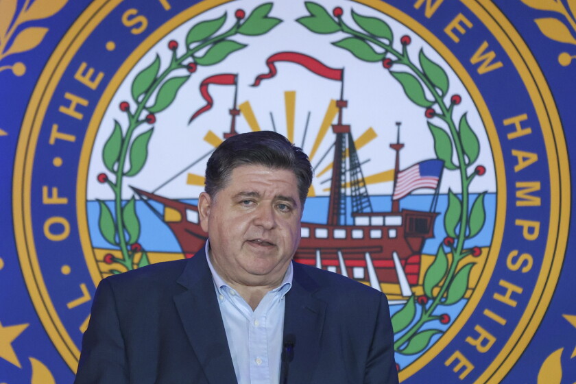 Illinois Gov. JB Pritzker speaks during the McIntyre-Shaheen 100 Club Dinner, Sunday April 27, 2025, in Manchester, N.H.