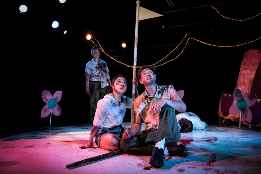 Jackie Seijo (from left), Stephanie Shum and Patriac Coakley in The New Colony’s world premiere of “Small World.” Photo by Evan Hanover.