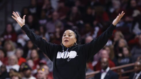 South Carolina head coach Dawn Staley reacts after a call during a game against Vanderbilt.