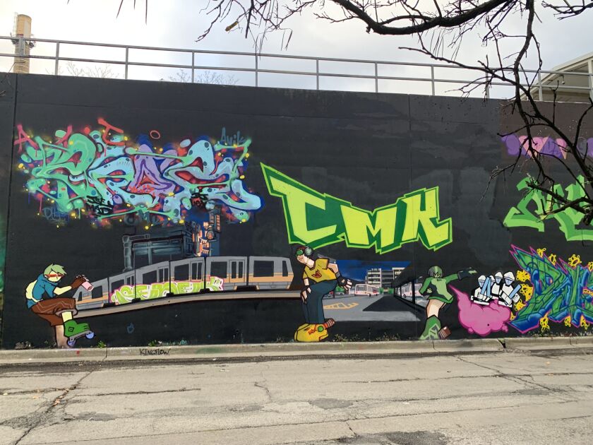 Images of the CMK graffiti team, with a nod to the Jet Set Radio video game.