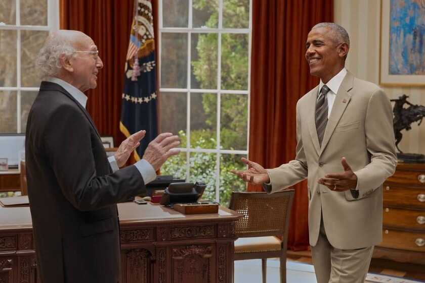 Former President Barack Obama (left) and Larry David in a replica Oval Office on the set of "Life, Larry, And The Pursuit Of Unhappiness."
