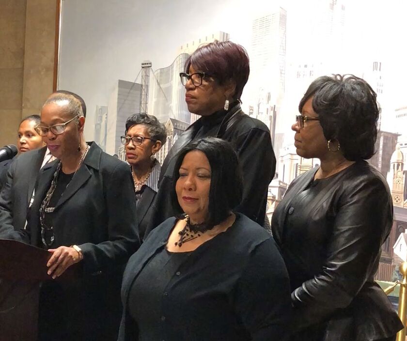 Several female members of the Chicago City Council (shown at another press conference on Wednesday) wore black to work to show solidarity with the “MeToo” campaign against sexual harassment. | Fran Spielman/Sun-Times