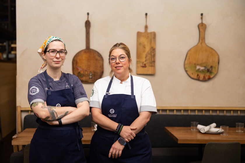 Chefs Bailey Sullivan (left) and Sarah Grueneberg pose in Monteverde Restaurant & Pastificio in the West Loop.