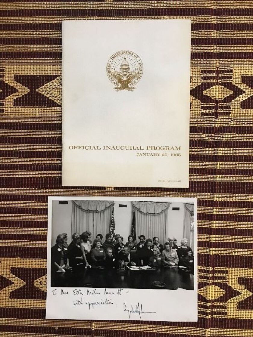 An official program from the Jan. 20, 1965, inauguration of President Lyndon B. Johnson, and a photo of Etta Moten Barnett with President Johnson, signed by Johnson, is among artificats available in the Claude Barnett and Etta Moten Barnett estate sale being handled by Estate Sale Goddess.